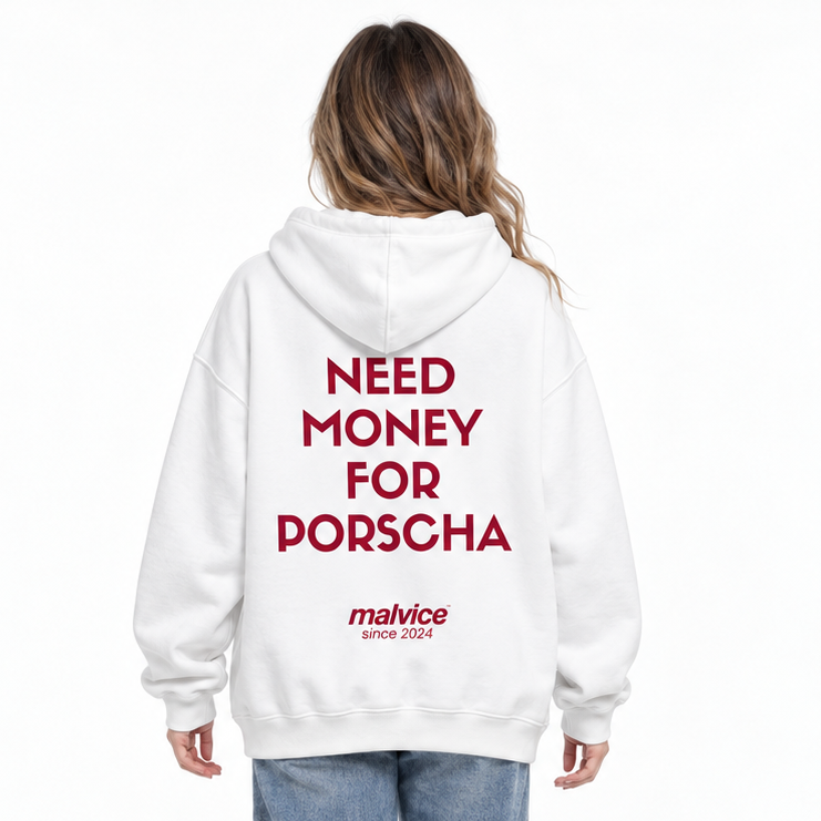 NEED MONEY FOR PORSCHE Oversized Hoodie — white Hoodie on woman model, white studio
