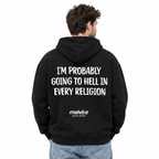 I'M PROBABLY GOING TO HELL IN EVERY RELIGION Oversized Hoodie — black Hoodie on man model, white studio