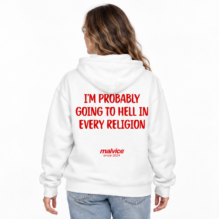 I'M PROBABLY GOING TO HELL IN EVERY RELIGION Oversized Hoodie — white Hoodie on woman model, white studio