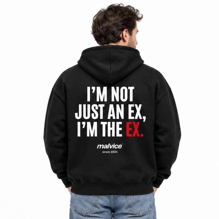 I’M NOT JUST AN EX, I’M THE EX Oversized Hoodie — black Hoodie on man model, white studio