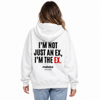 I’M NOT JUST AN EX, I’M THE EX Oversized Hoodie — white Hoodie on woman model, white studio