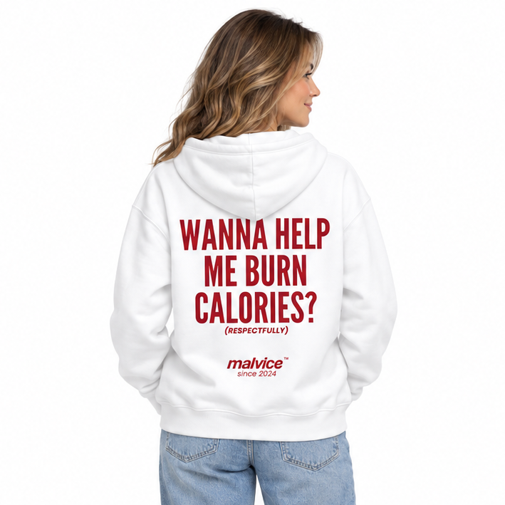 WANNA HELP ME BURN CALORIES? Oversized Hoodie — white Hoodie on woman model, white studio