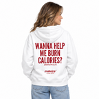 WANNA HELP ME BURN CALORIES? Oversized Hoodie — white Hoodie on woman model, white studio
