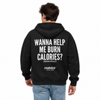 WANNA HELP ME BURN CALORIES? Oversized Hoodie — black Hoodie on man model, white studio