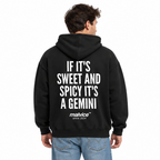 IF IT'S SWEET AND SPICY IT'S A GEMINI Oversized Hoodie — black Hoodie on man model, white studio