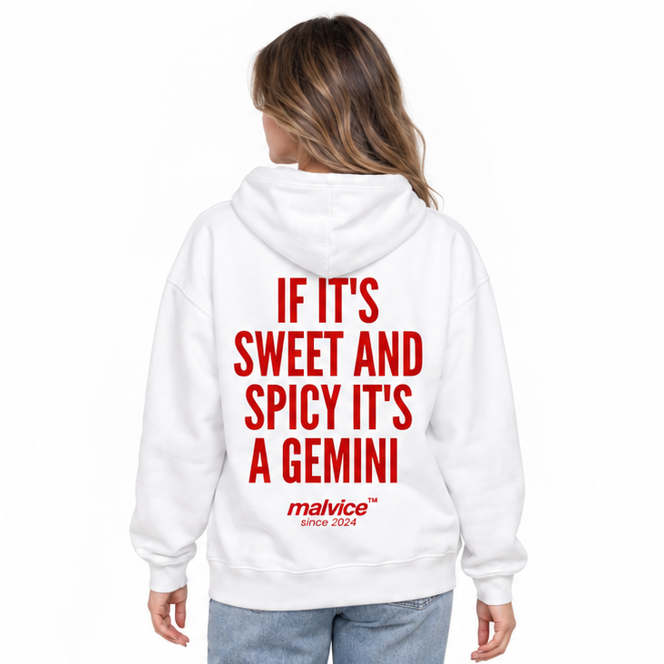 IF IT'S SWEET AND SPICY IT'S A GEMINI Oversized Hoodie — white Hoodie on woman model, white studio