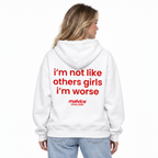 I'M NOT LIKE OTHER GIRLS I'M WORSE Oversized Hoodie — white Hoodie on woman model, white studio
