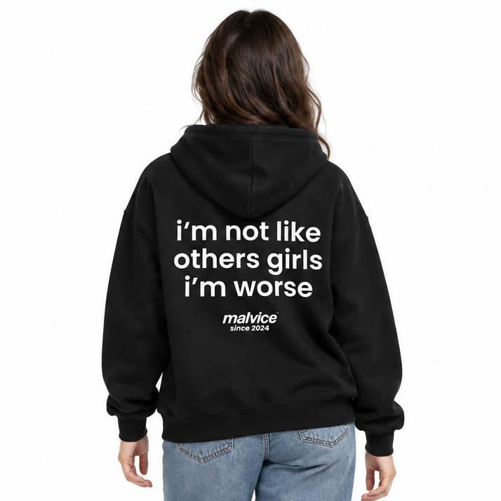 I'M NOT LIKE OTHER GIRLS I'M WORSE Oversized Hoodie — black Hoodie on woman model, white studio