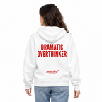 DRAMATIC OVERTHINKER Oversized Hoodie — white Hoodie on woman model, white studio