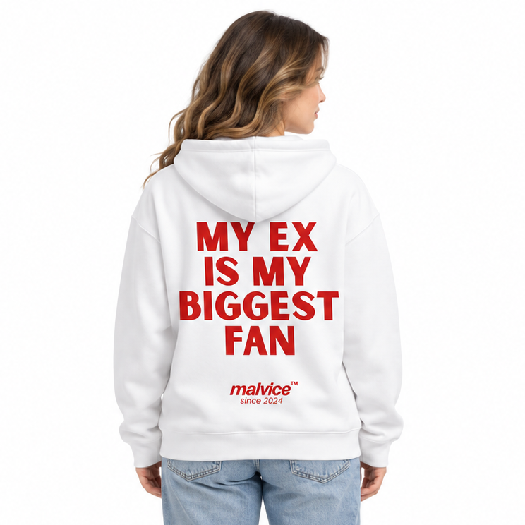 MY EX IS MY BIGGEST FAN Oversized Hoodie — white Hoodie on woman model, white studio