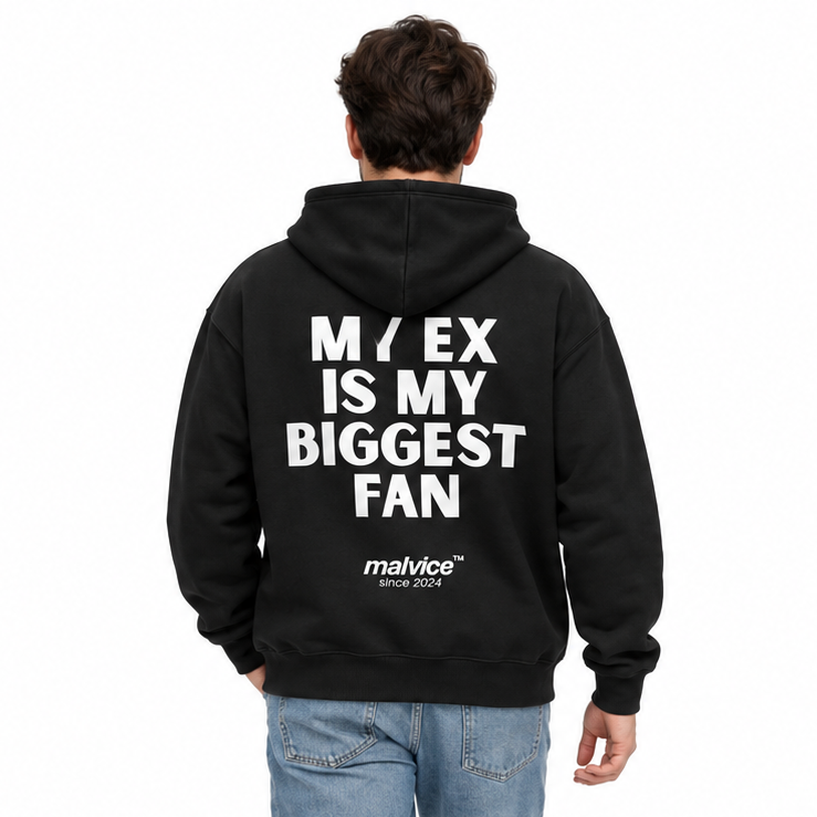 MY EX IS MY BIGGEST FAN Oversized Hoodie — black Hoodie on man model, white studio