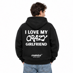 I LOVE MY CRAZY GIRLFRIEND Oversized Hoodie — black Hoodie on man model, white studio