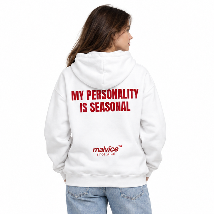MY PERSONALITY IS SEASONAL Oversized Hoodie — white Hoodie on woman model, white studio