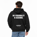 MY PERSONALITY IS SEASONAL Oversized Hoodie — black Hoodie on man model, white studio
