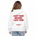 I DON'T MAKE MISTAKES I DATE THEM Oversized Hoodie — white Hoodie on woman model, white studio