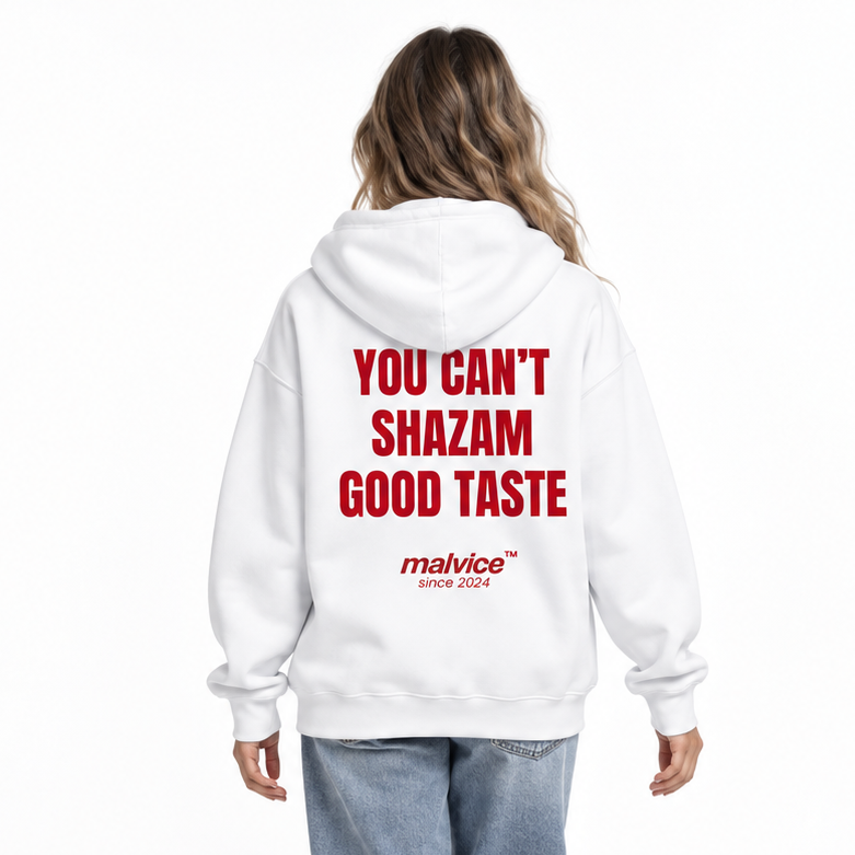 YOU CAN’T SHAZAM GOOD TASTE Oversized Hoodie — white Hoodie on woman model, white studio