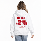 YOU CAN’T SHAZAM GOOD TASTE Oversized Hoodie — white Hoodie on woman model, white studio