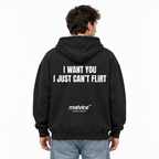 I WANT YOU I JUST CAN’T FLIRT Oversized Hoodie — black Hoodie on man model, white studio