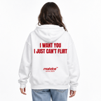 I WANT YOU I JUST CAN’T FLIRT Oversized Hoodie — white Hoodie on woman model, white studio