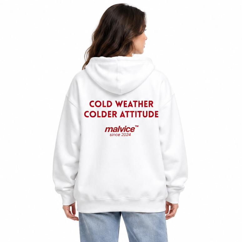 COLD WEATHER COLDER ATTITUDE Oversized Hoodie — white Hoodie on woman model, white studio