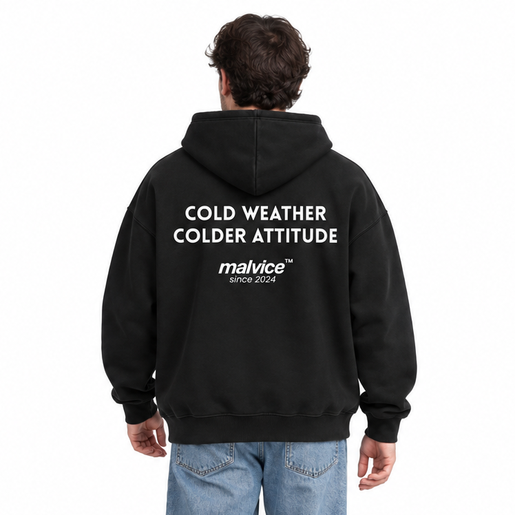 COLD WEATHER COLDER ATTITUDE Oversized Hoodie — black Hoodie on man model, white studio