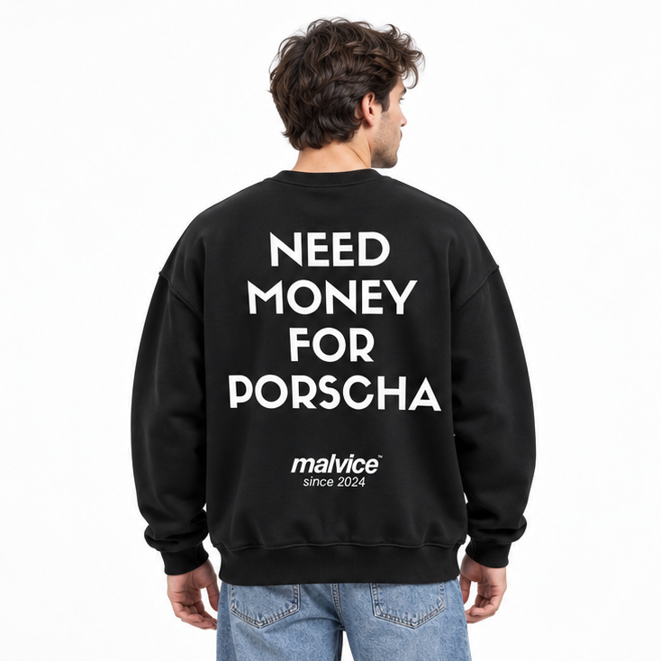 NEED MONEY FOR PORSCHE Oversized Sweatshirt — black Sweatshirt on man model, white studio