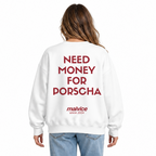 NEED MONEY FOR PORSCHE Oversized Sweatshirt — white Sweatshirt on woman model, white studio
