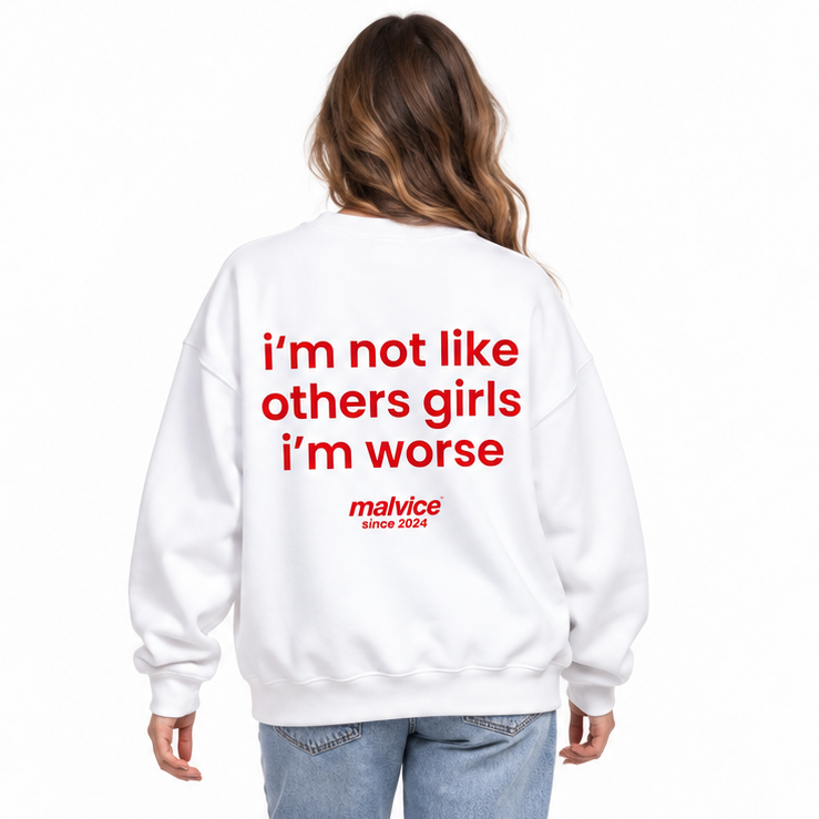 I'M NOT LIKE OTHER GIRLS I'M WORSE Oversized Sweatshirt — white Sweatshirt on woman model, white studio