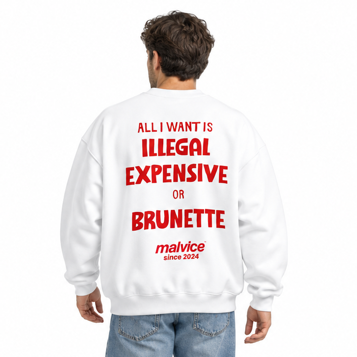 ALL I WANT IS ILLEGAL EXPENSIVE OR BRUNETTE Oversized Sweatshirt — white Sweatshirt on man model, white studio