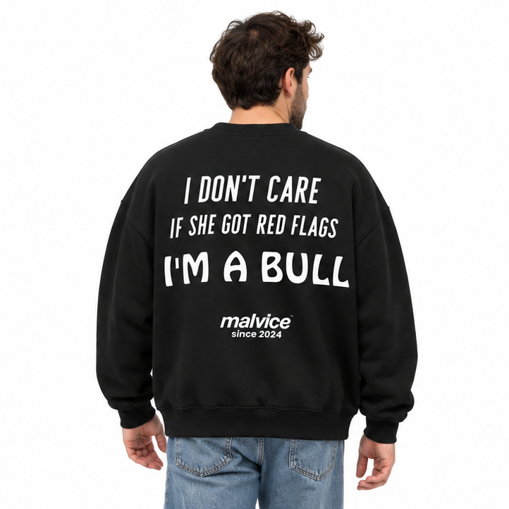 I DON'T CARE IF SHE GOT RED FLAGS I'M A BULL Oversized Sweatshirt — black Sweatshirt on man model, white studio