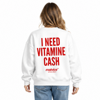 I NEED VITAMIN CASH Oversized Sweatshirt — white Sweatshirt on woman model, white studio