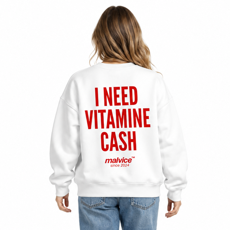 I NEED VITAMIN CASH Oversized Sweatshirt — white Sweatshirt on woman model, white studio