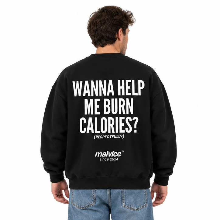 WANNA HELP ME BURN CALORIES? Oversized Sweatshirt — black Sweatshirt on man model, white studio