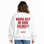 WANNA HELP ME BURN CALORIES? Oversized Sweatshirt — white Sweatshirt on woman model, white studio