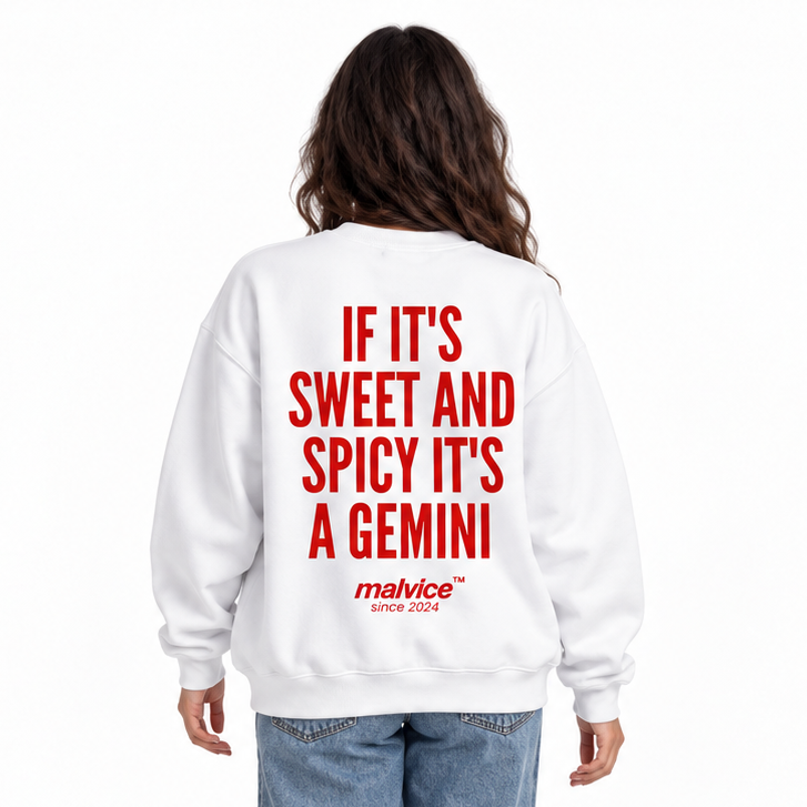 IF IT'S SWEET AND SPICY IT'S A GEMINI Oversized Sweatshirt — white Sweatshirt on woman model, white studio