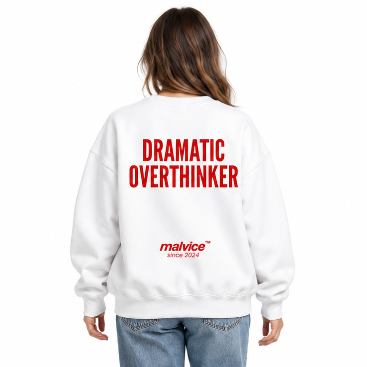 DRAMATIC OVERTHINKER Oversized Sweatshirt — white Sweatshirt on woman model, white studio
