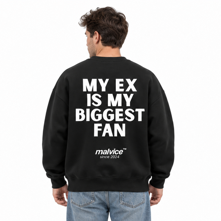 MY EX IS MY BIGGEST FAN Oversized Sweatshirt — black Sweatshirt on man model, white studio