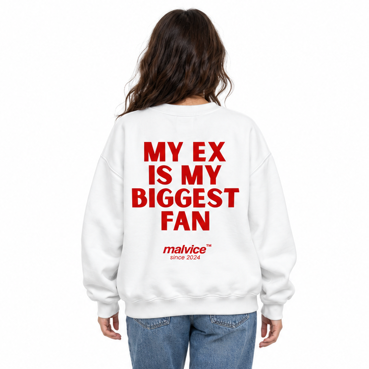 MY EX IS MY BIGGEST FAN Oversized Sweatshirt — white Sweatshirt on woman model, white studio