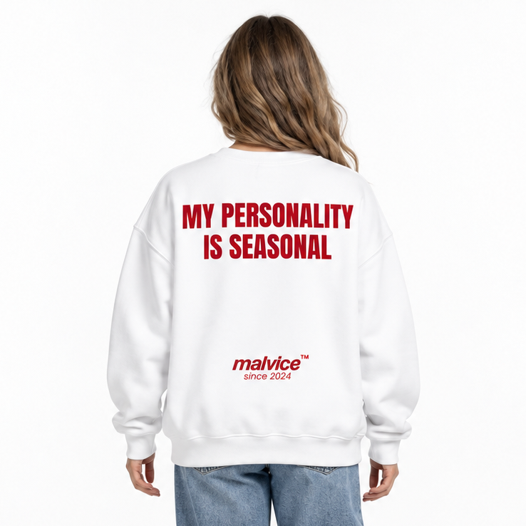MY PERSONALITY IS SEASONAL Oversized Sweatshirt — white Sweatshirt on woman model, white studio