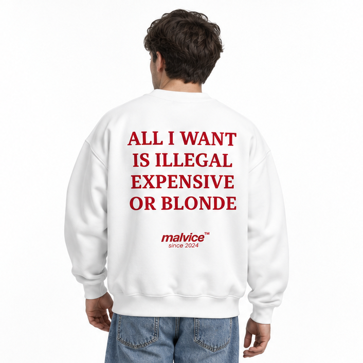 ALL I WANT IS ILLEGAL EXPENSIVE OR BLONDE Oversized Sweatshirt — white Sweatshirt on man model, white studio