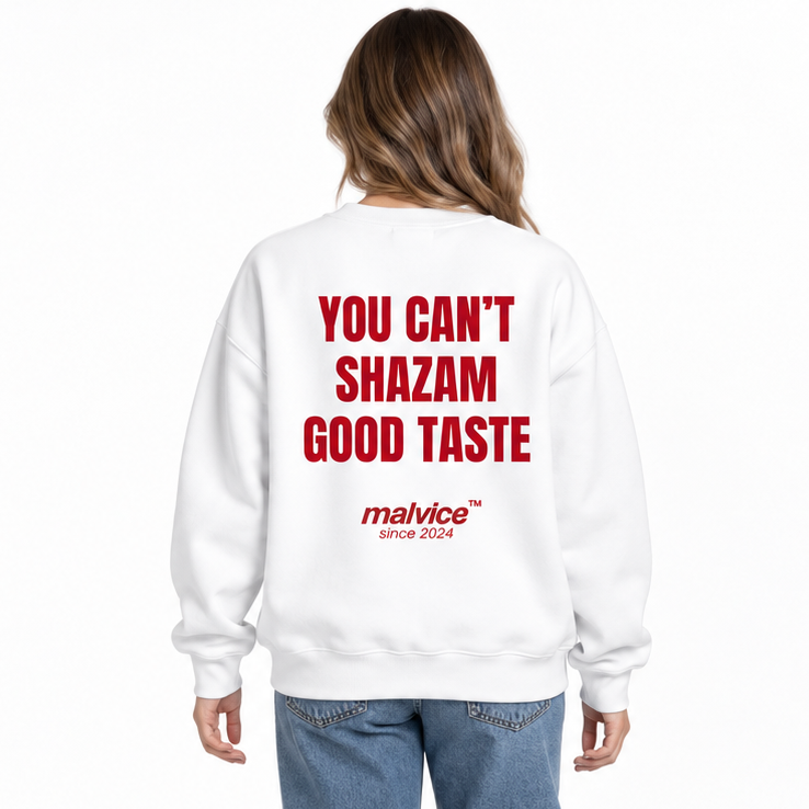 YOU CAN’T SHAZAM GOOD TASTE Oversized Sweatshirt — white Sweatshirt on woman model, white studio