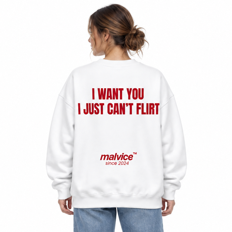 I WANT YOU I JUST CAN’T FLIRT Oversized Sweatshirt — white Sweatshirt on woman model, white studio