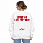 I WANT YOU I JUST CAN’T FLIRT Oversized Sweatshirt — white Sweatshirt on woman model, white studio