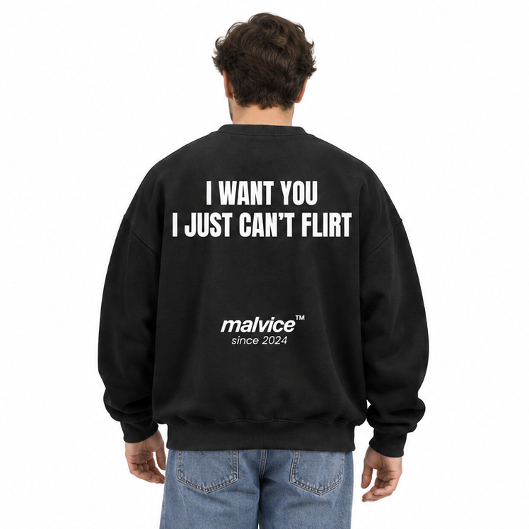 I WANT YOU I JUST CAN’T FLIRT Oversized Sweatshirt — black Sweatshirt on man model, white studio