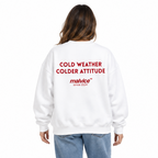 COLD WEATHER COLDER ATTITUDE Oversized Sweatshirt — white Sweatshirt on woman model, white studio
