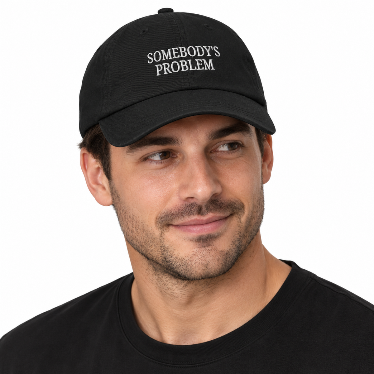 SOMEBODY'S PROBLEM Adjustable Dad Hat — black Cap on man model, white studio