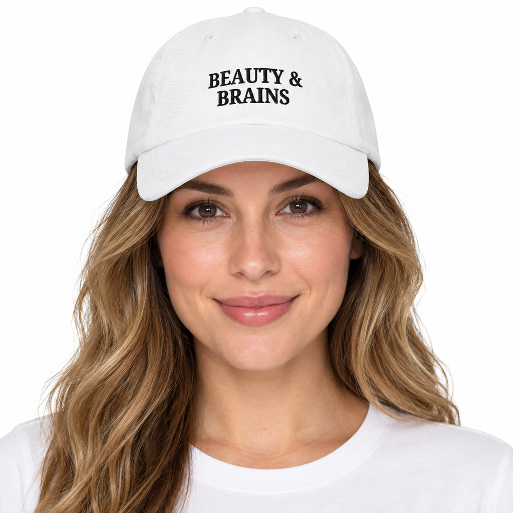 BEAUTY & BRAINS Adjustable Dad Hat — white Cap on woman model, white studio