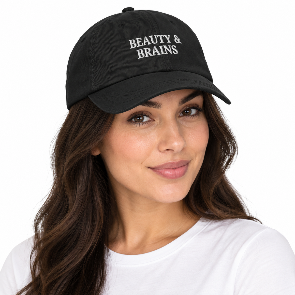 BEAUTY & BRAINS Adjustable Dad Hat — black Cap on woman model, white studio