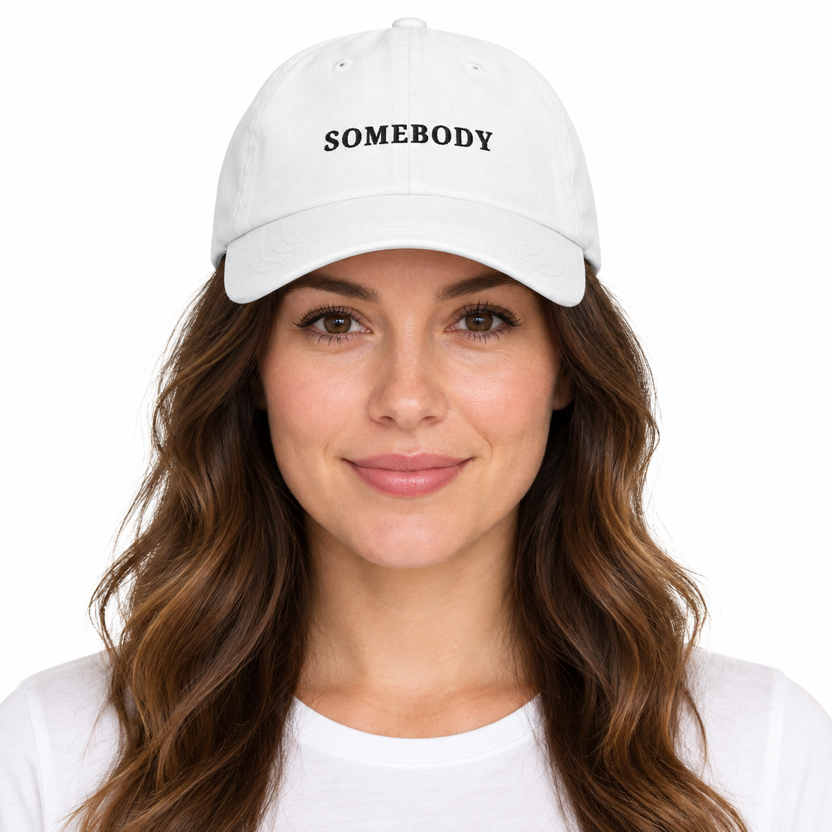 SOMEBODY Adjustable Dad Hat — white Cap on woman model, white studio