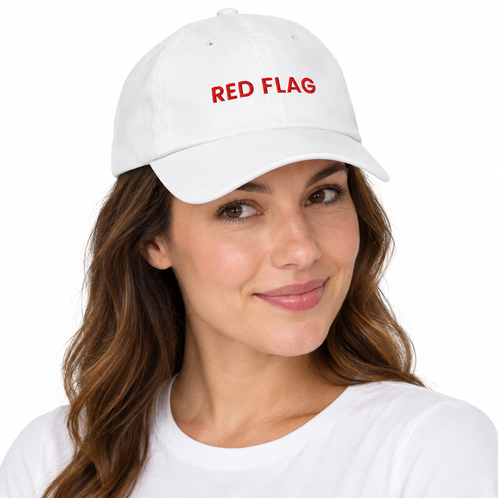 RED FLAG Adjustable Dad Hat — white Cap on woman model, white studio